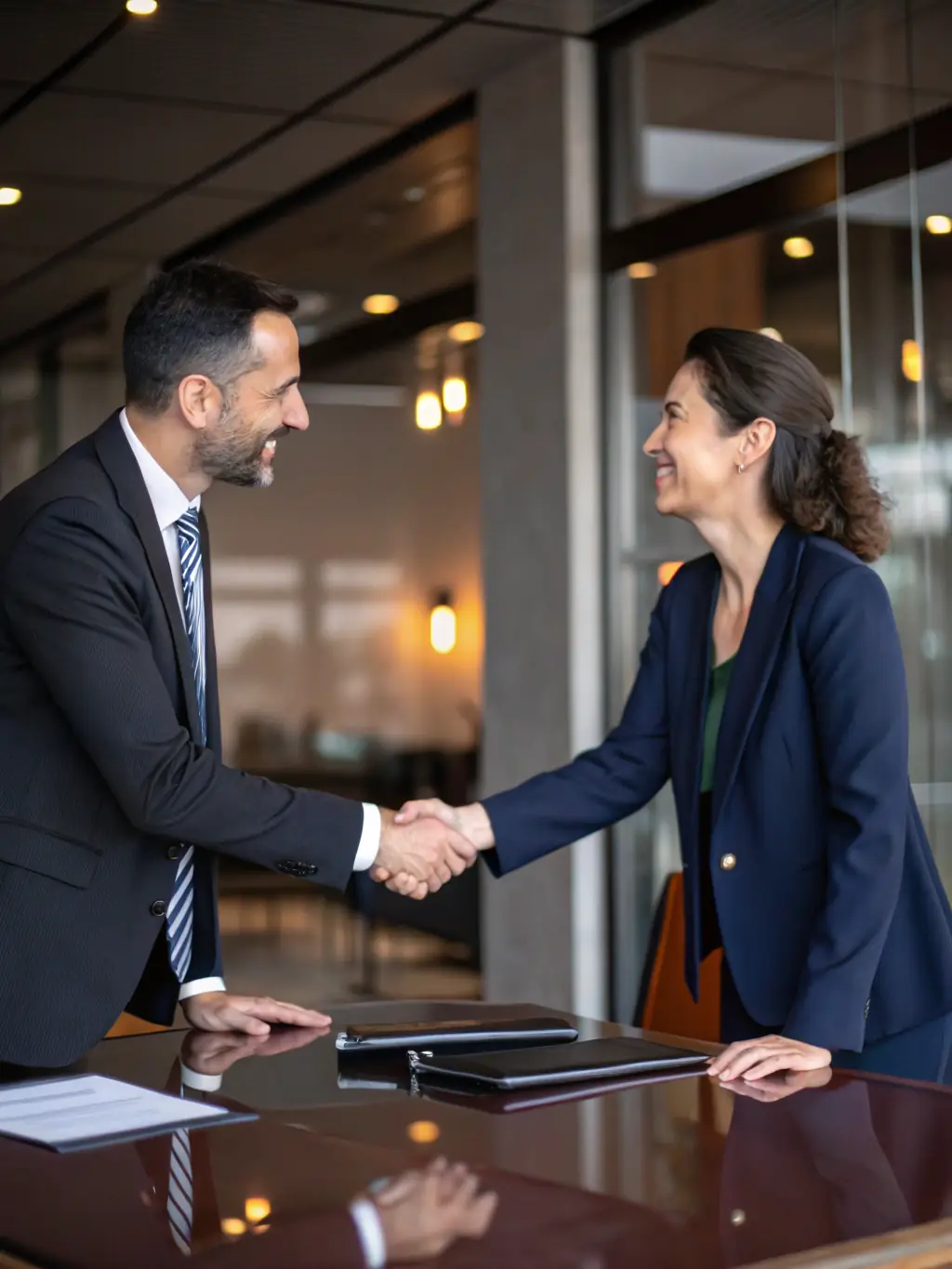 An image of business professionals shaking hands over a contract in a modern office, representing Business & Corporate Law.