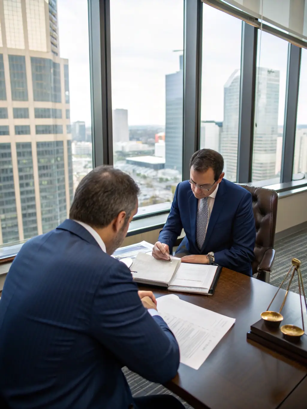 An image of a lawyer discussing documents with a client in a professional office setting, representing Legal Consultation services.